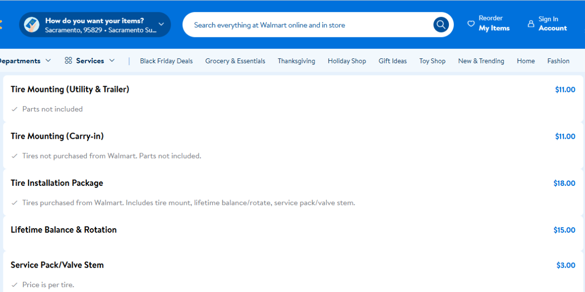 walmart tire instal price
